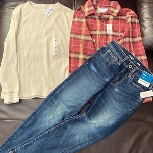 Old Navy Kids Long Sleeve Tee and Plaid Shirt and jeans outfit set. NWT